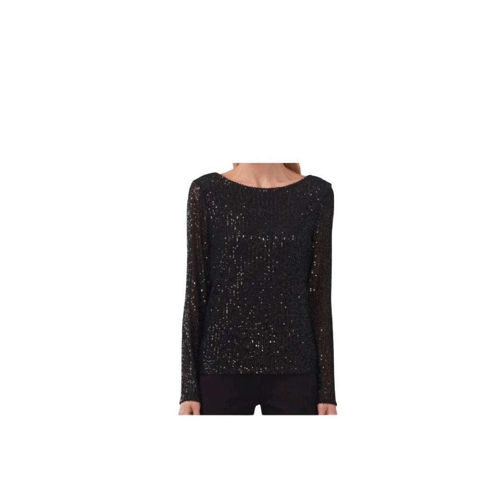 Halogen Classy Sequin Scoop Back Long Sleeve Top Black Party Evening SZ M NWT